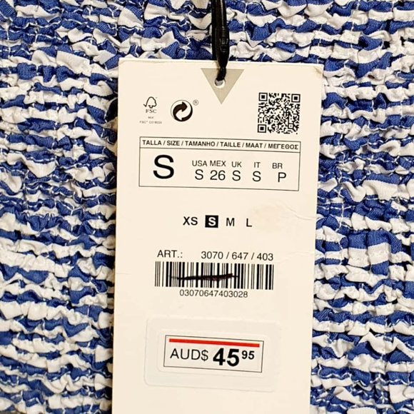 ZARA Blue White Nautical Stripe Shirred Puff Sleeve One Shoulder Crop Top NWT - Picture 8 of 8